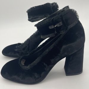 Stuart Weitzman ~ Black Velvet Frayed ~ Ankle Strap ~ Closed Toe~ Block …